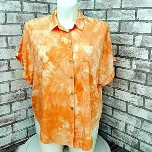 Forever 21 Womens Top Orange Tie Dye Collar Button Up Short Sleeve Size 0X 14W